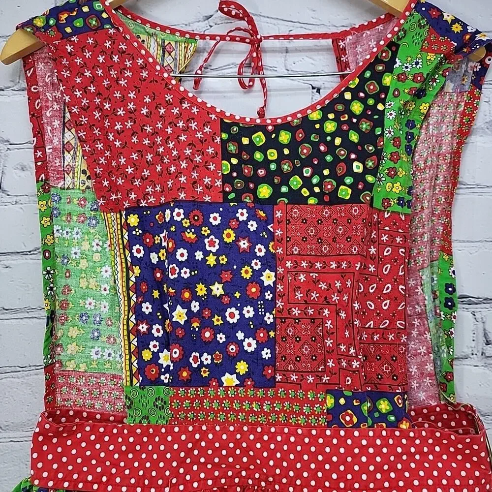 Vintage 70s Patchwork Apron Full Colorblock‎ Housedress Prairie Cottagecore Flaw